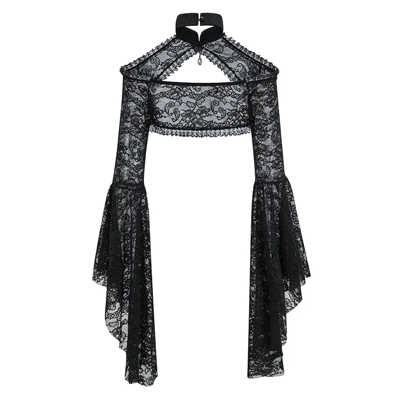 Chaqueta de manga acampanada con cuello Halter de encaje Floral transparente negra para mujer, abrigo gótico victoriano Steampunk, Top oscuro, ropa Sexy y2k