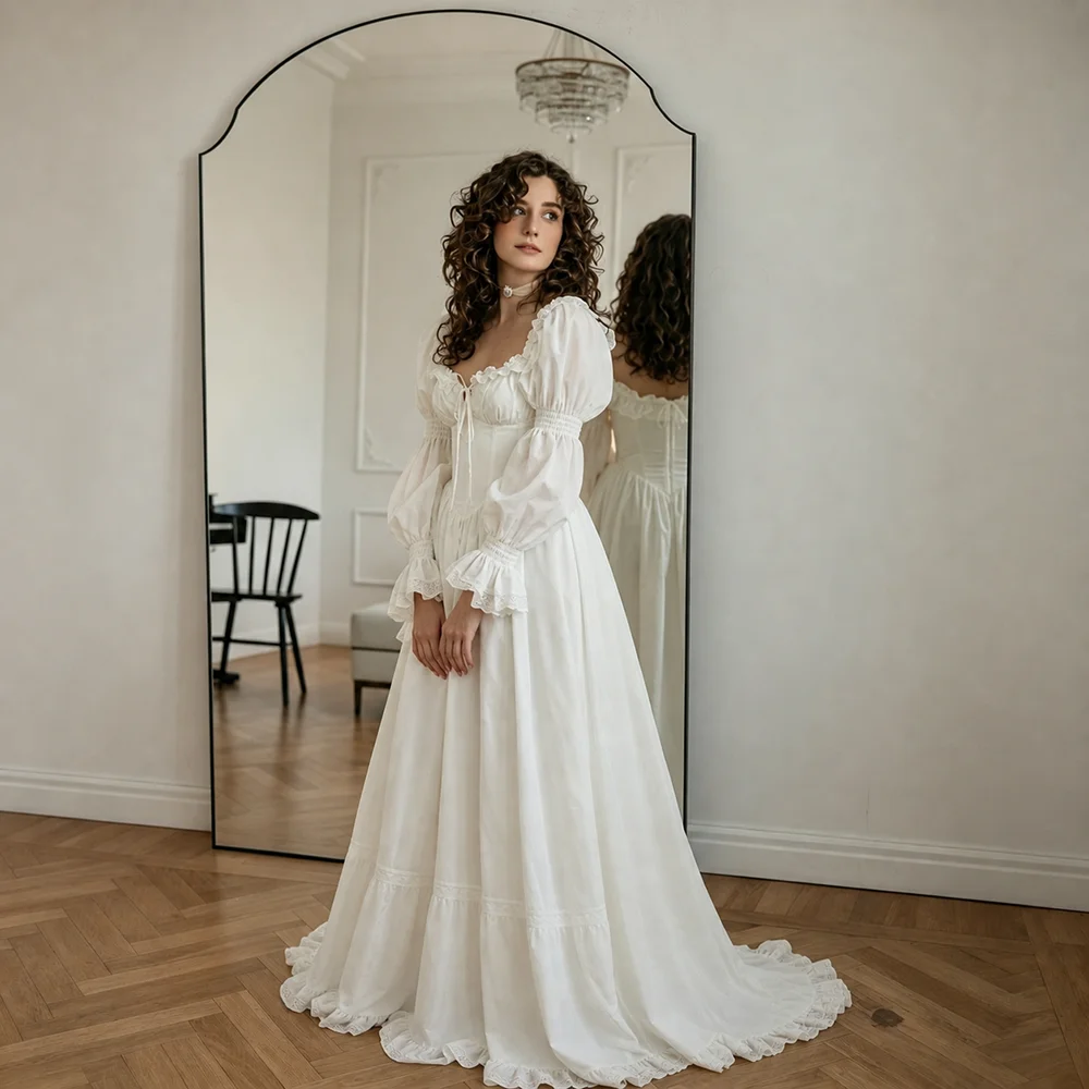 Sweetheart Long Puff Sleeves Ruffled Linen Bridal Gowns Basque Waist Open Back Ivory A Line Customized Plus Size Wedding Dress