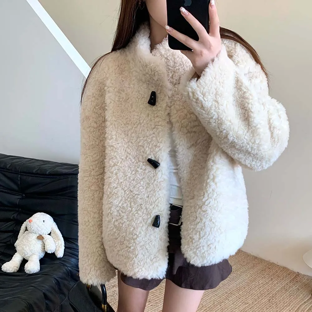 Lamb Fur Crop Coats Women Long Sleeve Button Vintage Jacket Fall Winter All Match Thick Warm Preppy Outwear