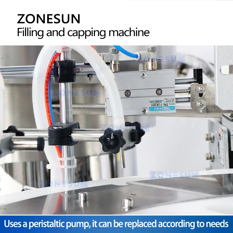 آلة تعبئة وتغطية الزجاجات في ZONESUN ، لحشو زجاجات الضغط ، قطعة واحدة ، إحكام غلق المكونات الداخلية ،