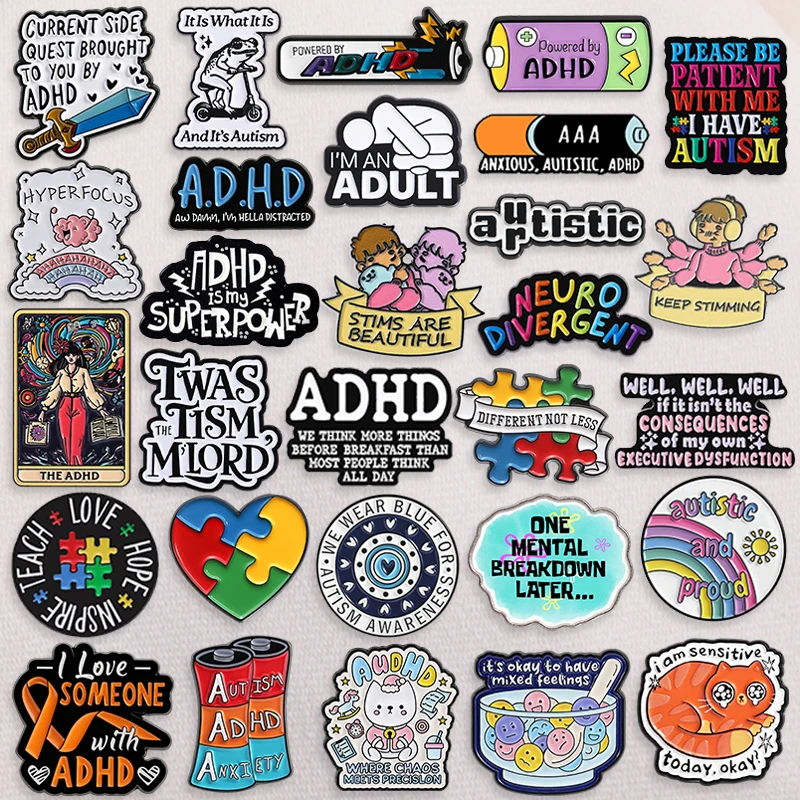 ADHD Autism Anxiety Collection Enamel Pin Neurospicy Autistic Awareness Puzzle Mental Health Badge Brooch Jewelry Friends Gift