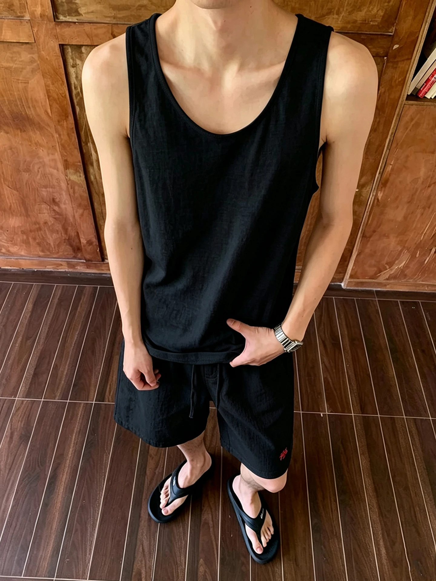 Loose Fit Linen-Like Sleeveless Vest And Shorts Set Men's Summer Breathable Shoulder T-Shirt Casual Sportswear Couple's Set