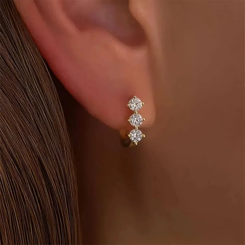 0.6ctw DEF/VS VVS Round Cut HPHT Lab Grown Diamond Triple Stone Earrings 10K Gold Hoops Elegant Stackable Earrings Gift for Her