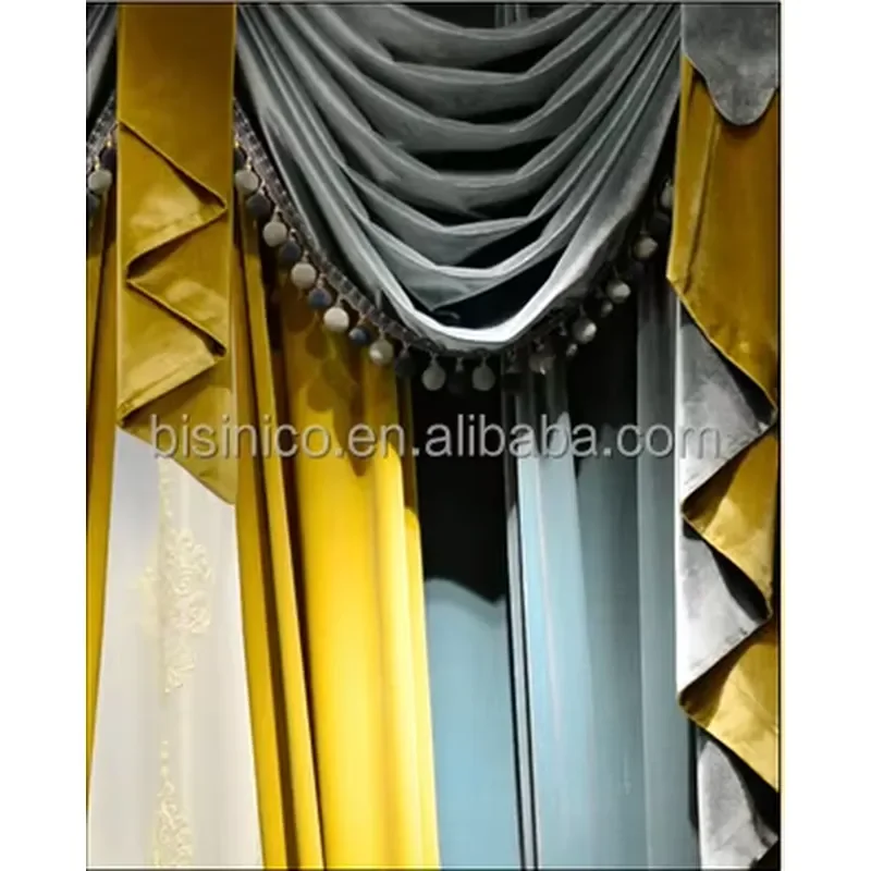 Italian Style Window Curtain, Blue and Gold Sheer Valance Living Room Curtains, Royal Home Curtain