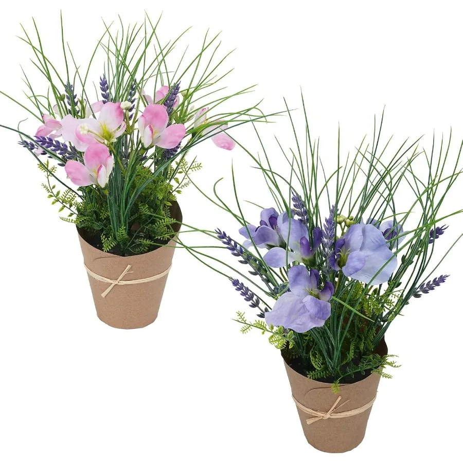 

Artificial Flowers Potted Small Artificial Flower Arrangement with Fake Lavender Orchid in Foam Pot Plants Fake Floral Centerpi