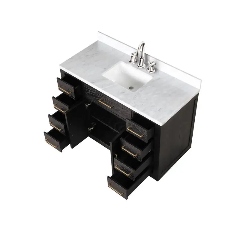 طقم فانيتي فردي من خشب البلوط الأسود مقاس 48 بوصة مع سطح كارارا من الرخام وصنبور #5