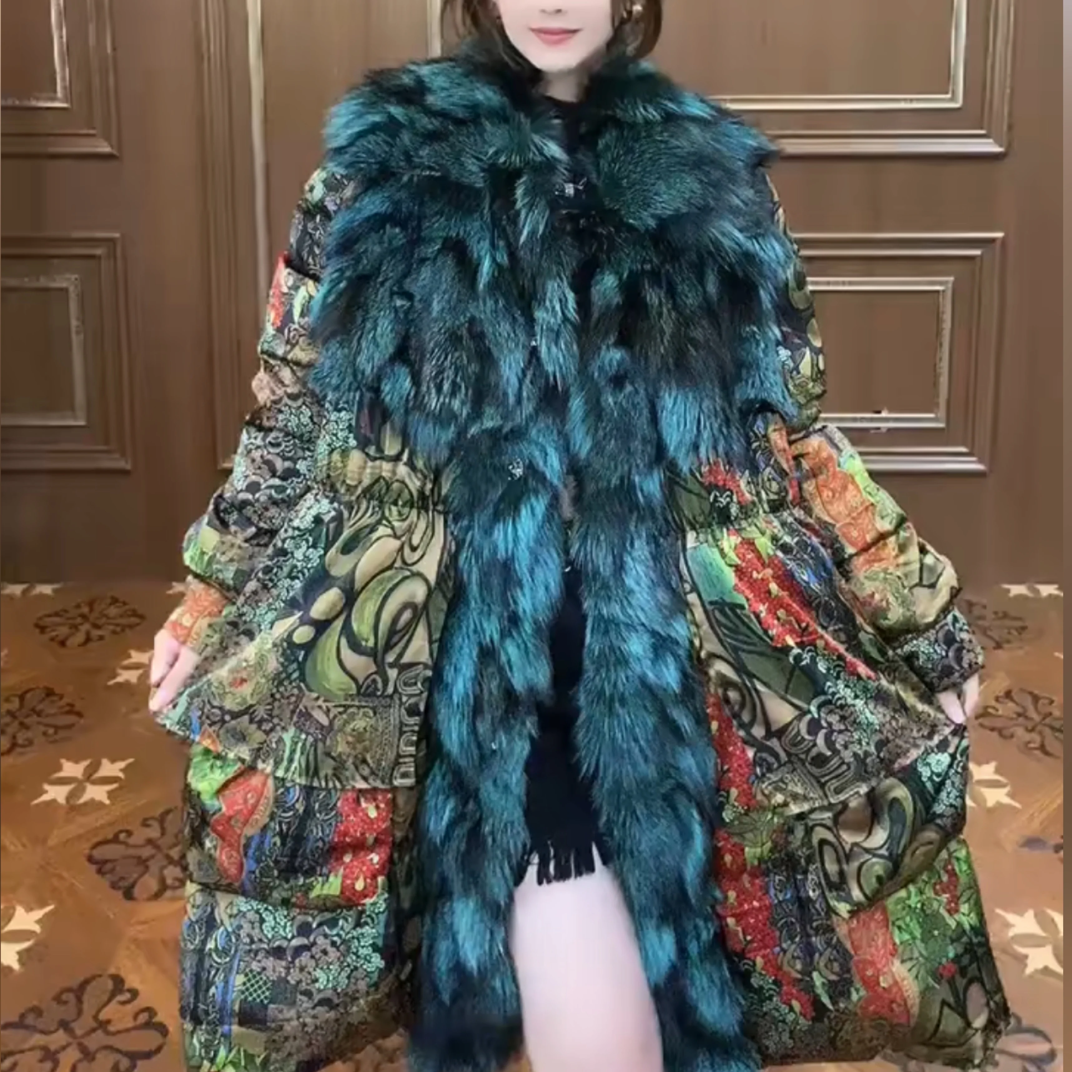 Fashionable Large Mink Fur Collar Long Sleeve Faux Fur Coat Women 2023 Winter New Faux Fur Stitching Warm Long Down Jacket
