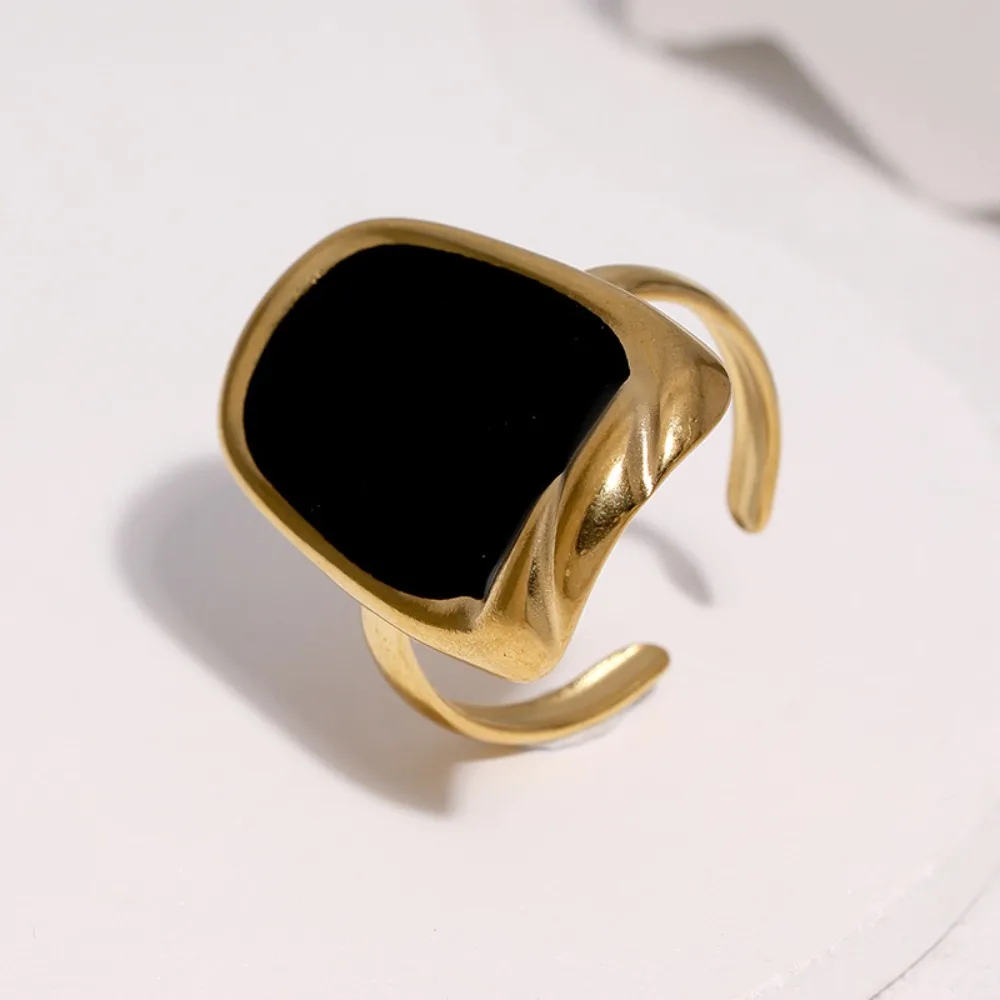 Vintage Fashion Gold Tone Stainless Steel Twisted Rectangle Enamel Adjustable Open Rings for Women Statement Jewelry Colorfast