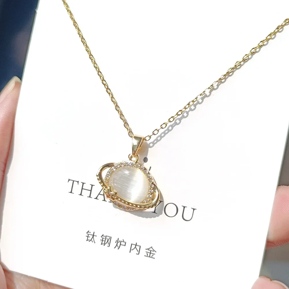 Stainless Steel Zircon Moonstone Planet Necklaces for Women Girls Gold Color Fashion Jewelry Gifts Accessories for Friends