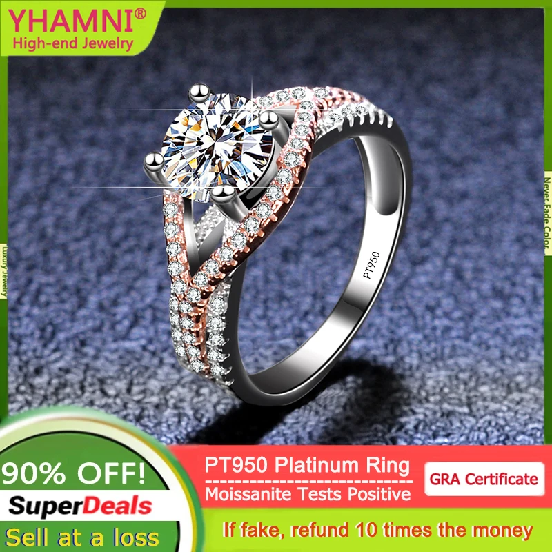 

YHAMNI Luxury PT950 Platinum Diamond Rings for Women Eternal Wedding Jewelry Real 2 Carat GRA Moissanite Rings Bride Accessories