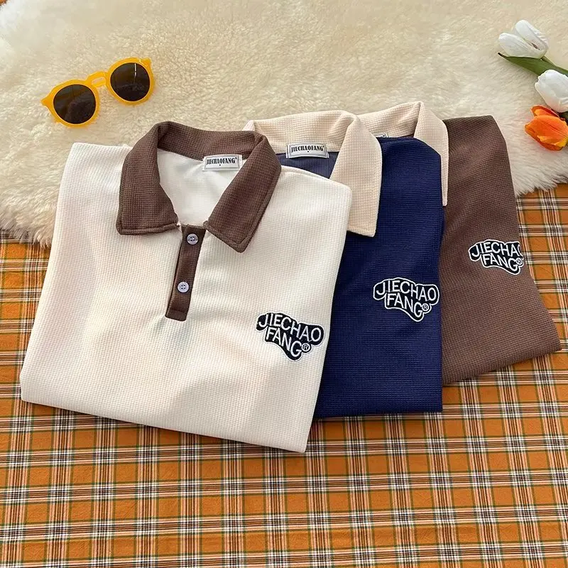 Retro polo shirt men's long sleeved spring and autumn BF Hong Kong style waffle hoodie student trend versatile loose jacket