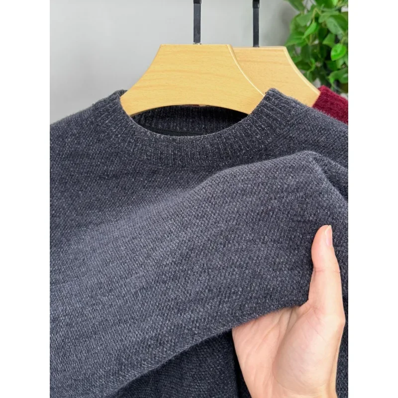 Solid Color Chenille Sweater with Plush and Thickened Round Neck Integrated Plush Pullover Bottom for Men's Winter Warm Clothing