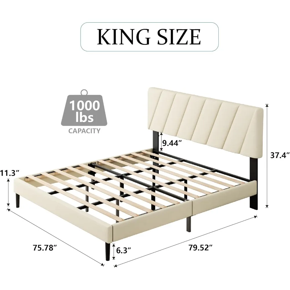 King Size Upholstered Bed Frame with Adjustable Headboard and Sturdy Wooden Slats, Non-Slip and Noise-Free Design