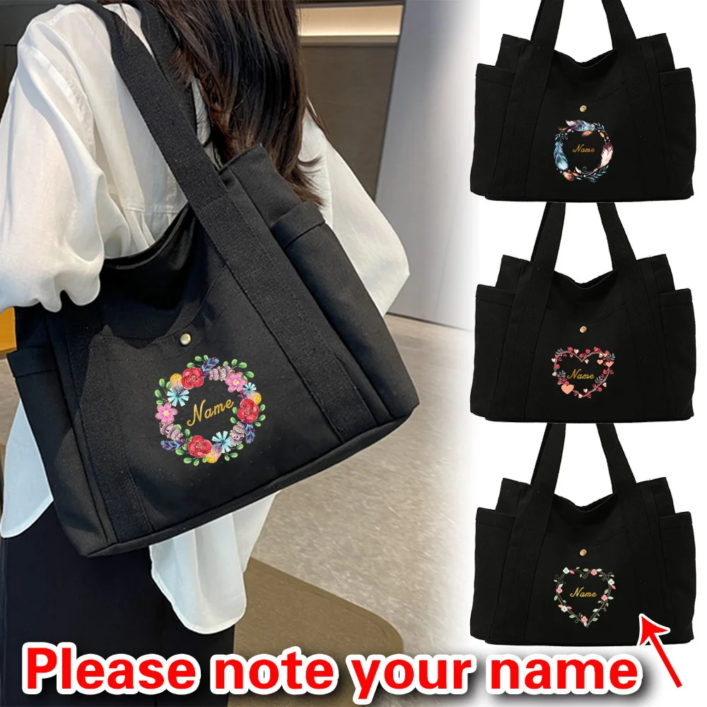 

Personalized Customized Name Printed Women's Black Canvas Shoulder Bag Fashion Shopping Bag Travel Work Commuter Storage Bag