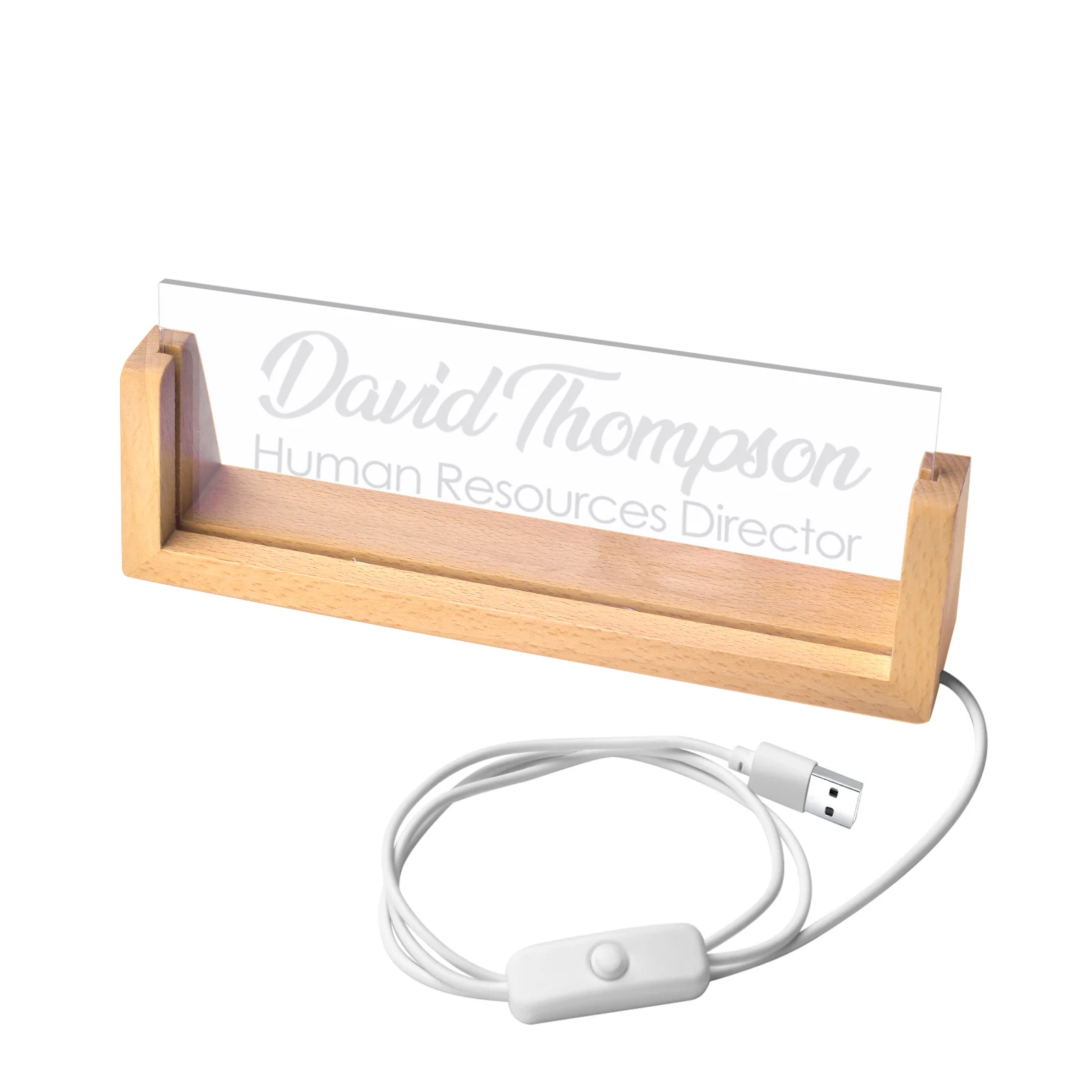 Personalized Desk Name Sign Plate with Wooden Base Lighted Acrylic Nameplate Office Desk Decor Gifts for Boss Teacher Coworkers