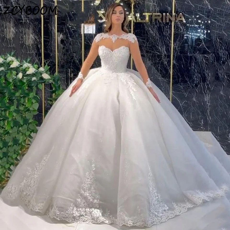 

Luxury O-Neck Appliques Long Sleeves White Wedding Dress 2024 Ball Gown Floor Length Sweep Train Tulle Lace Up Bridal Gown