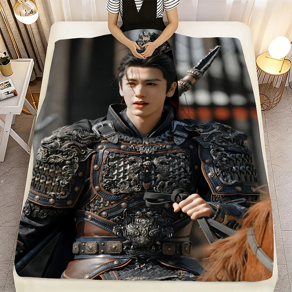 1pc Zhang Linghe As Xie Zheng in Armor on Horse from Chasing Jade Printed Flannel Blanket, All-Season Use, Soft And Comforta