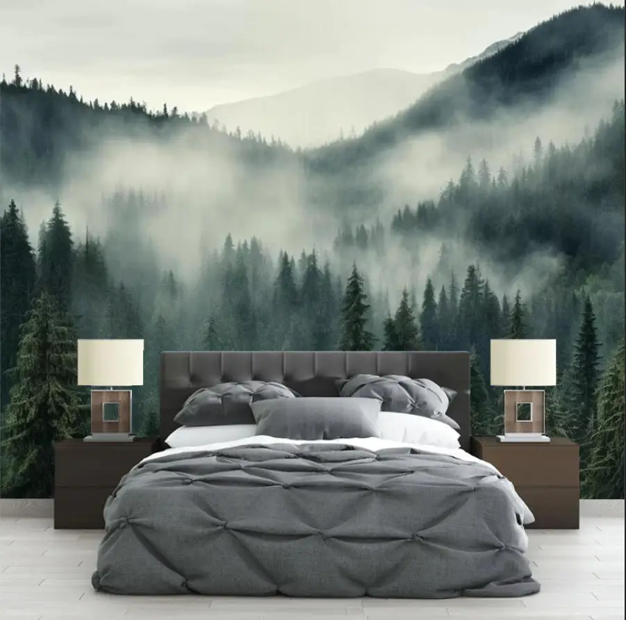Customized Mural Forest Natural Scenery Mountain Wallpaper Mist Pine Forest Snow Mountain Decorative Painting 3D Murals