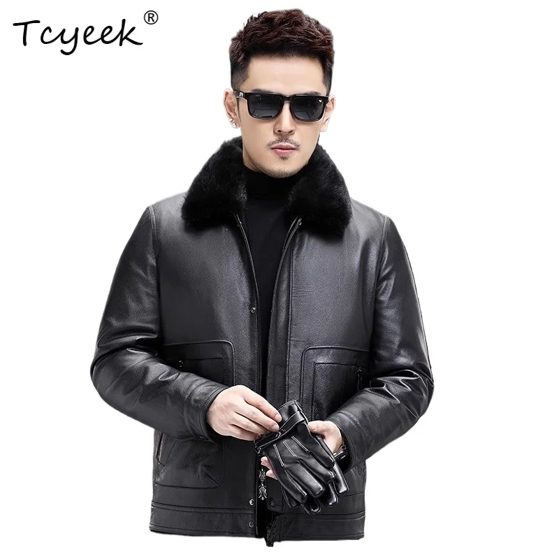 

Tcyeek Настоящий верхний слой из коровьей кожи со съемной внутренней подкладкой на пуху Осень-зима Модная черная короткая мужская куртка из натуральной кожи 가죽 자켓