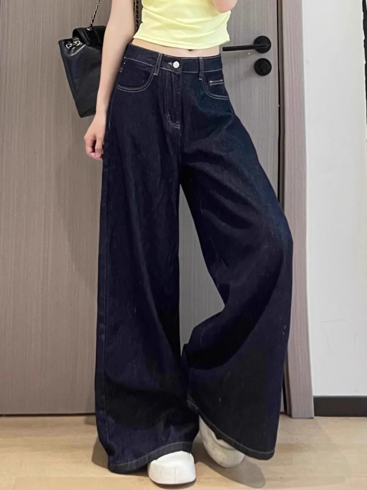 ハイウエストワイドレッグアメリカンレトロルーズジーンズレディース秋スレドレープゆったりルーズ感ストレートレッグパンツ