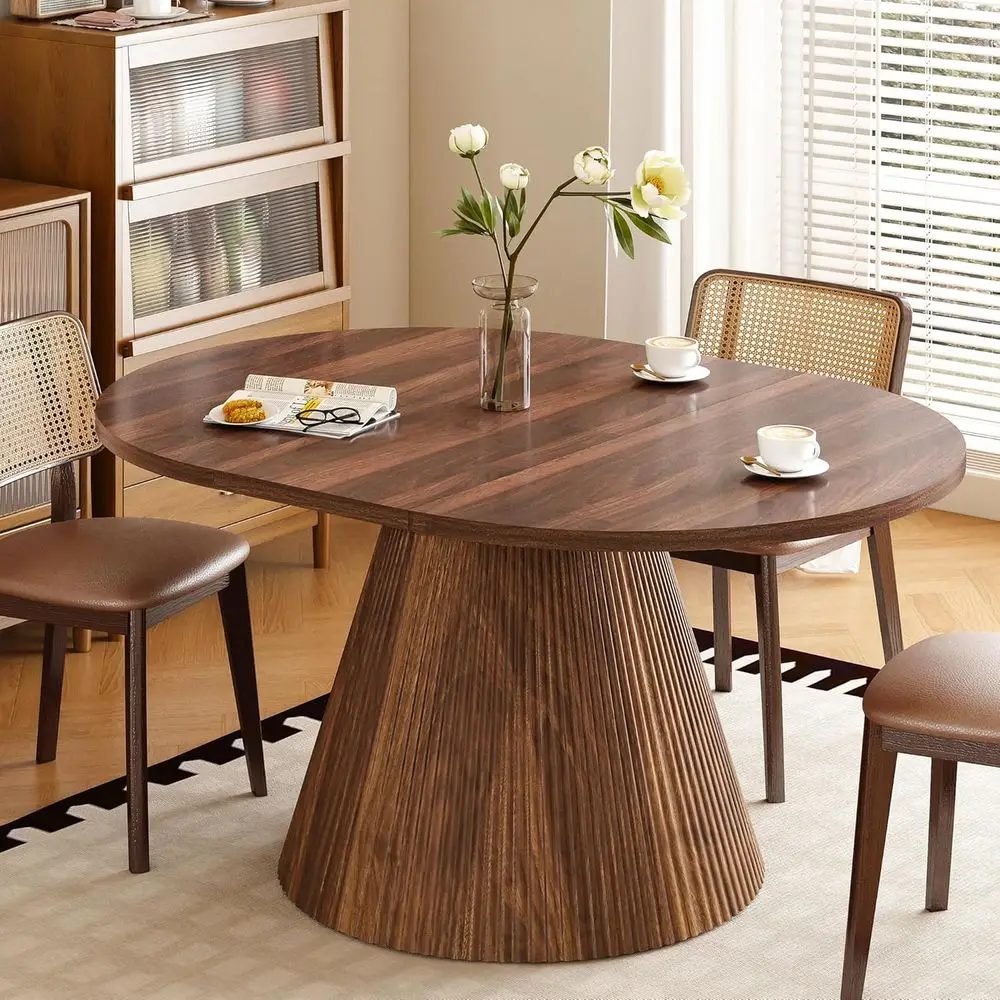 43-59 Adjustable Oval Kitchen Table with Removable Leaves, Space-Saving Dining Option for 4-6-8, Walnut Finish