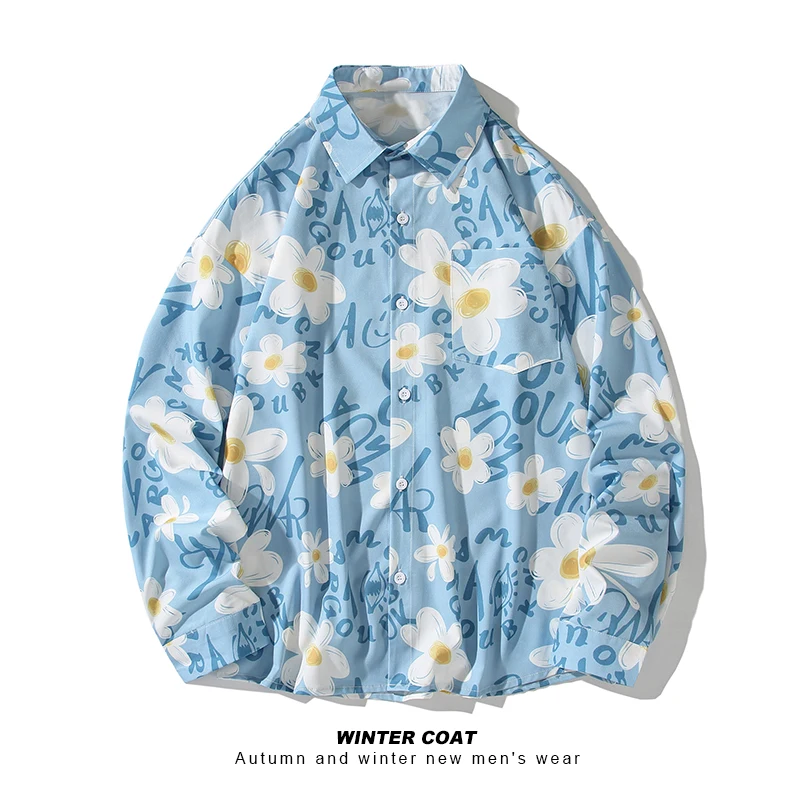 

Весна 2024, мужские гавайские рубашки с длинным рукавом, пляжные топы с цветочным принтом ромашки, модные футболки с лацканами, блузки, однобортная мужская одежда