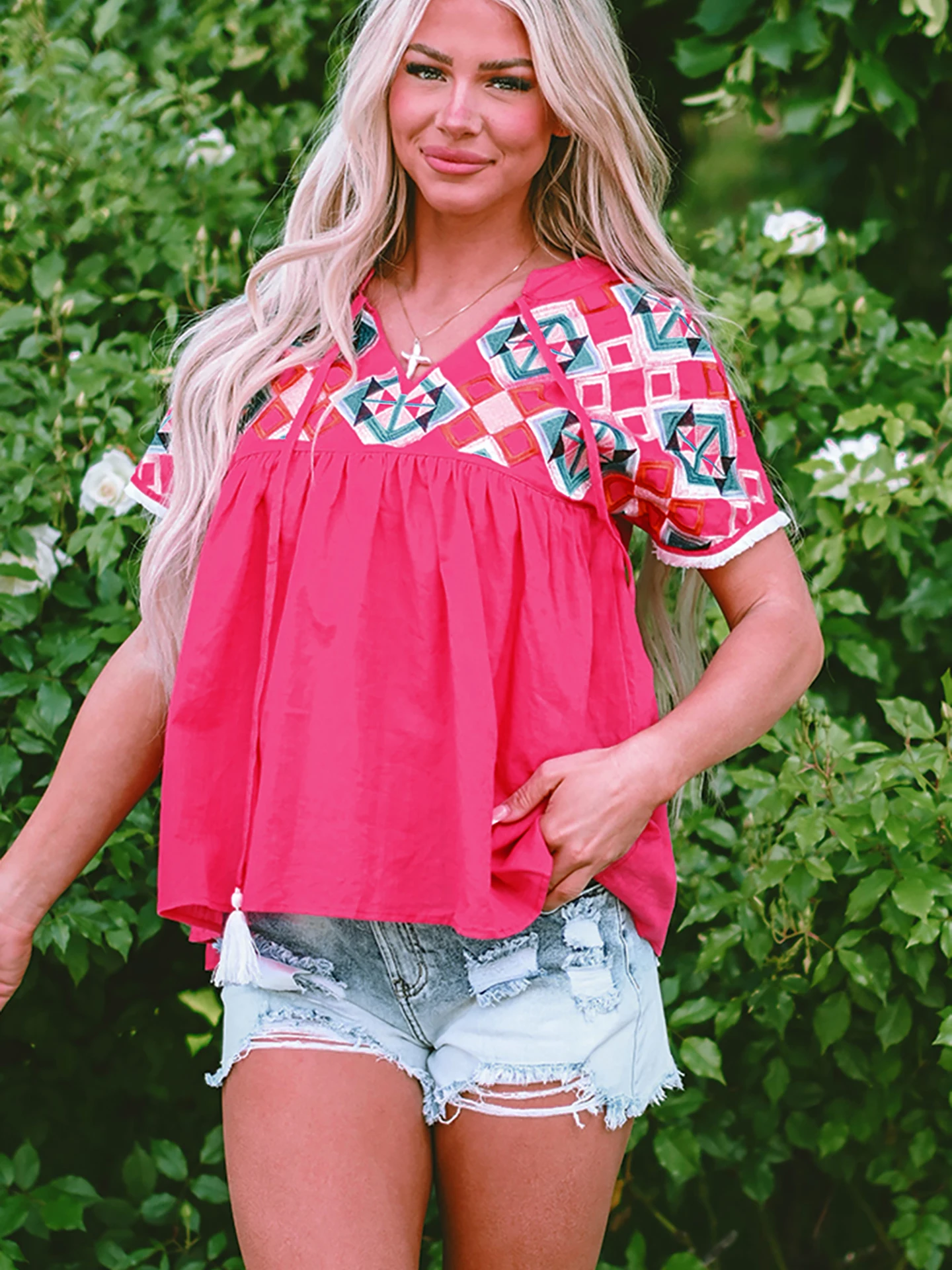 

DearLover Ethnic Style Embroidered Patchwork Short Sleeve V-Neck Casual Shirt Women's Summer New Loose Fit Printed Polyester ...