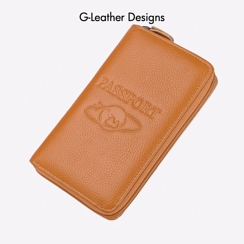 Genuine Leather Passport Cover Case Travel Wallet Boarding Pass Holder Large Capacity Travel Clutch Bag Zipper Around