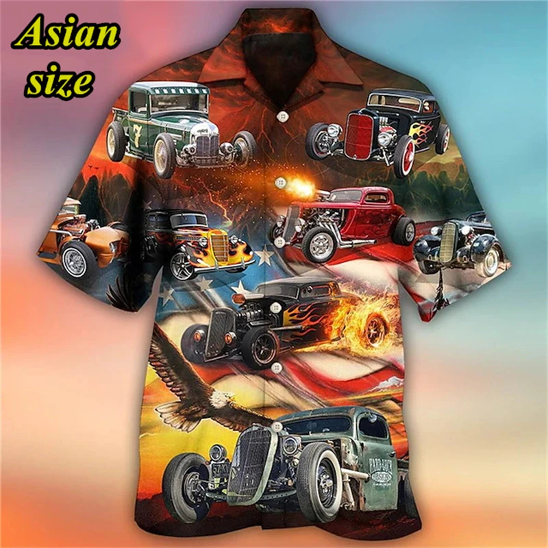 American Style Retro Car Print Shirt Men's Hawaiian Button Shirt Men's Casual Lapel Short Sleeved Shirt Summer Fashion Blouse