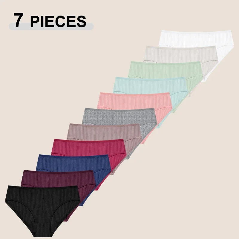 7Pcs/Set High Quality Cotton Fabric Panties For Women Sexy Solid Color Screw Thread Mid Waist Underwear Seamless Cozy Lingerie