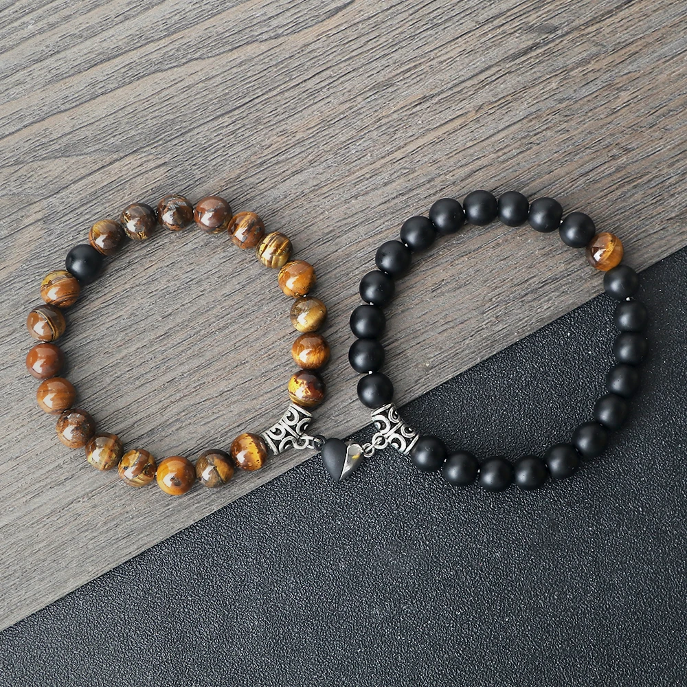 2Pcs/Set Black Sliver Color Magnet Bracelet Tiger Eye Couple Bracelet Women Men Valentine's Day Gift Pulsera Jewelry for Lover