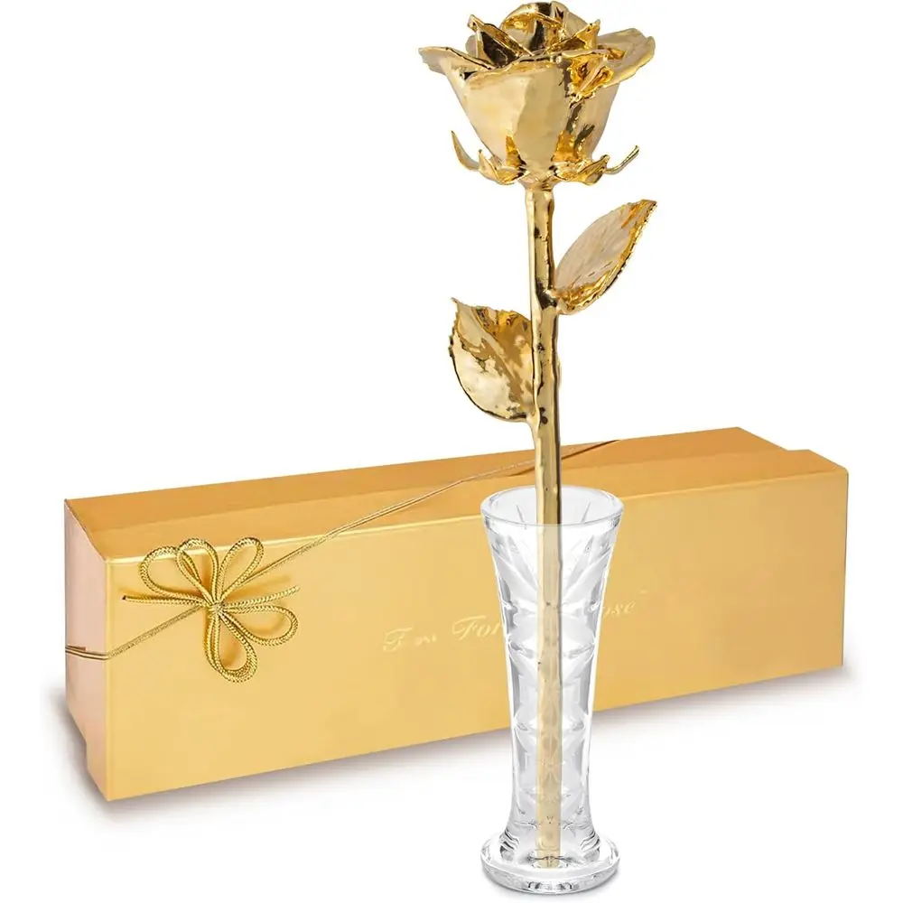 

Настоящая роза, покрытая 24-каратным золотом – ручная работа, долговечная, сохраненная в стеклянной вазе и золотой коробке, идеально подходит для подарка на День святого Валентина, годовщину или к праздникам.