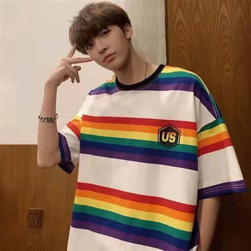 Summer New Rainbow Striped Short-sleeved T-shirt Men's Tide Man Handsome Trend Loose Sports Five-point Half-sleeved Compassion