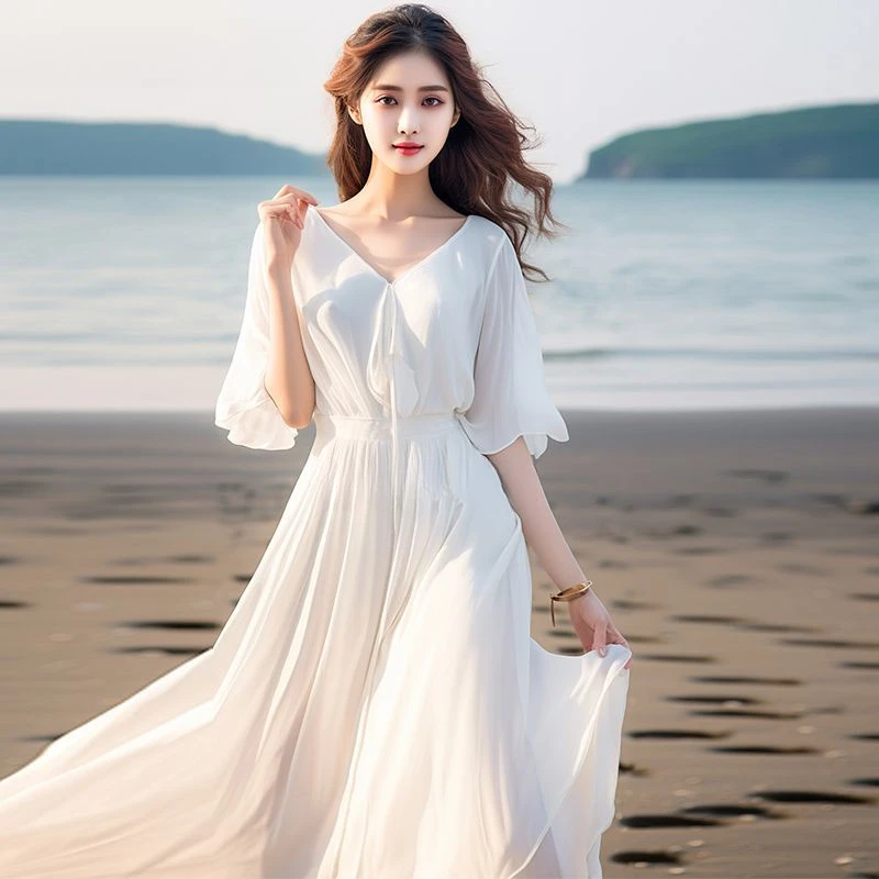 

White Chiffon New Waist Slimming Elegant Seaside Women's Summer Holiday Beach Dress Large Swing Skirt