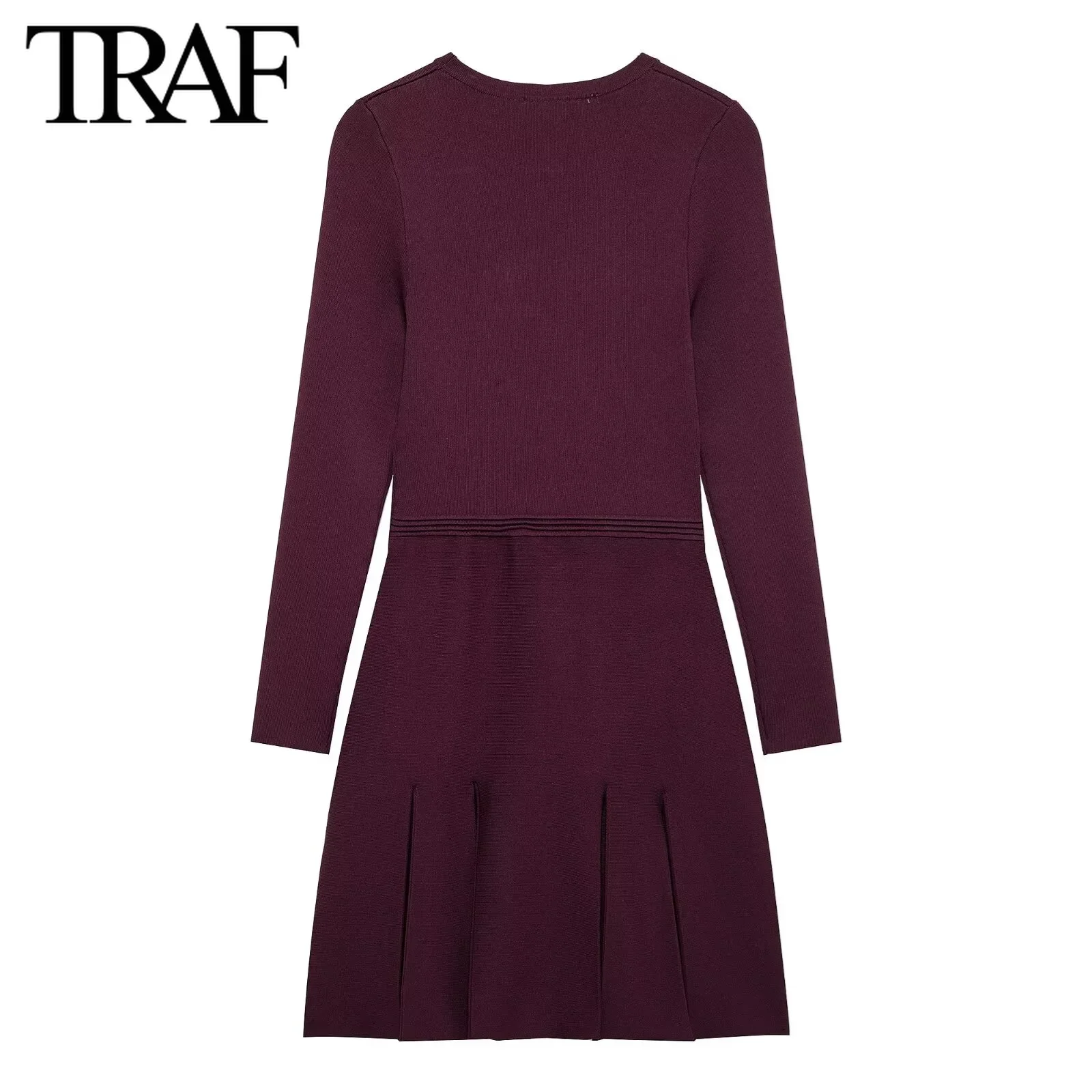 TRAF Knitted Dress for Women Fashion 2024 Autumn Winter New Short Pleated Pocket Round Neck Vintage Dresses France Female