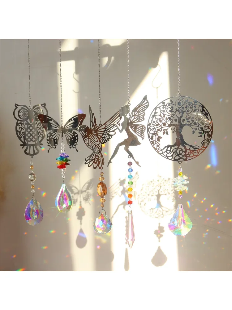 Hanging Crystal Wind Chimes Sun Catcher Fairy Butterflies Stained Glass Sun Catcher Window Drop Bell for Room Garden Decor