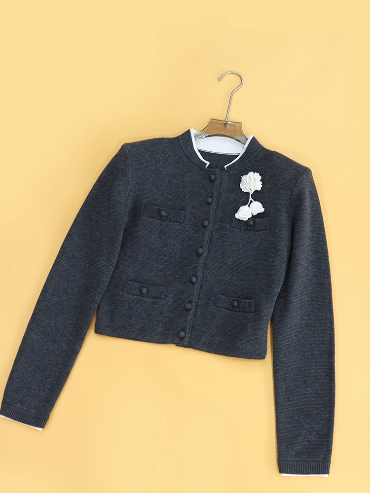 

Heidd High-End ey SP2025 Autumn 3D Flower Small Stand Collar Long Sve Knitted Sweater Women's Casual Sle Polyester Fiber