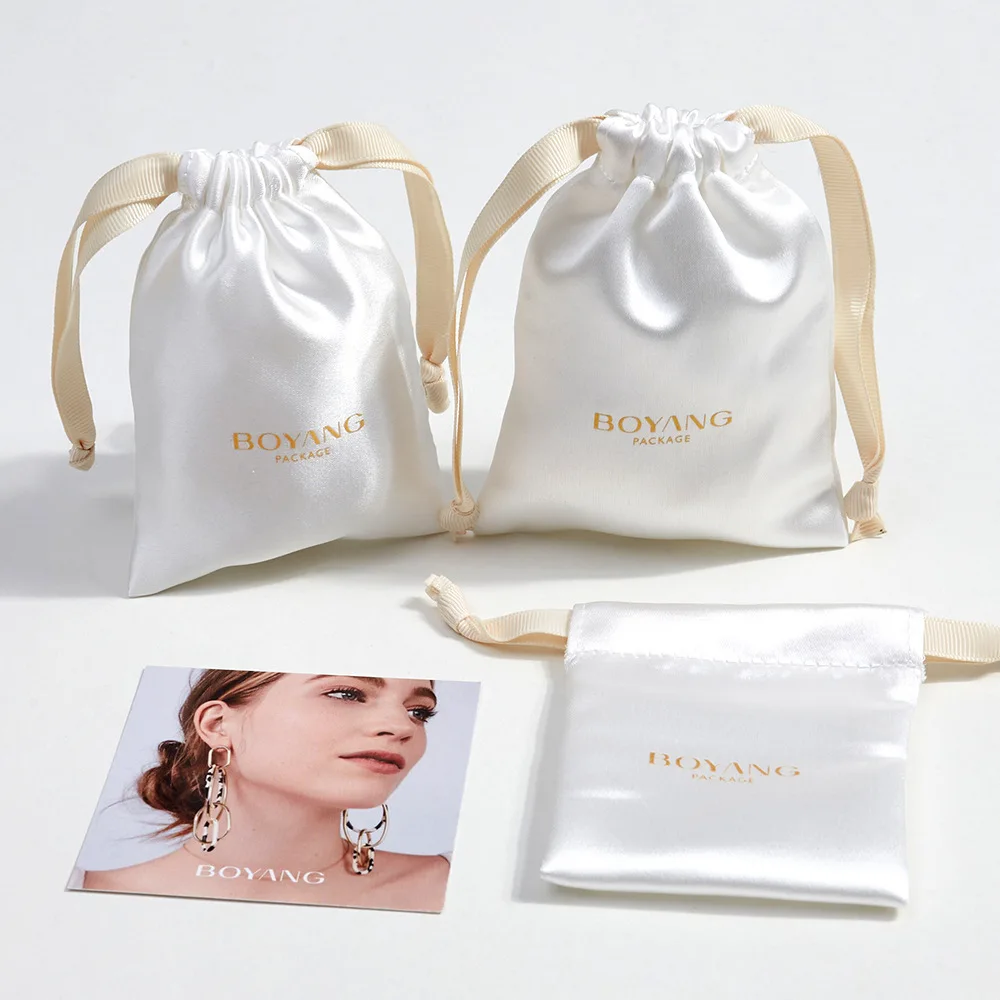 Custom Printed Logo White Luxury Bundle Wig Hair Extension Satin Drawstring Bag Silk Clothes Shoes Gift Dust Packing Pouch