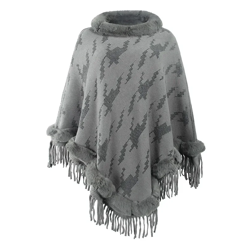 

Europe Fur Collar Winter Shawls And Wraps New Cape Print Tassel Coat Women Winter Lady Ponchos Capes Gray Cloak