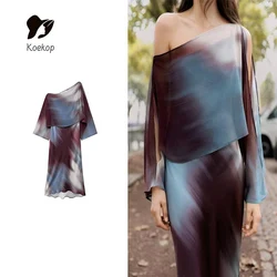 Koekop Women's Fashion Layered Satin Texture Asymmetric Dress Vintage Casual Temperament Chic Lady Dresses