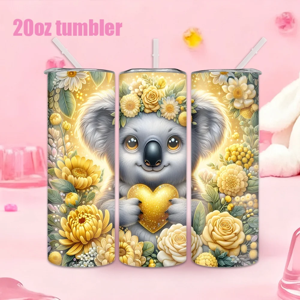 1pc Stainless Steel Water Bottle/Cup featuring a Koala with Flower Wreath and Gold Heart Pattern — 20oz (591ml) — Includes Straw
