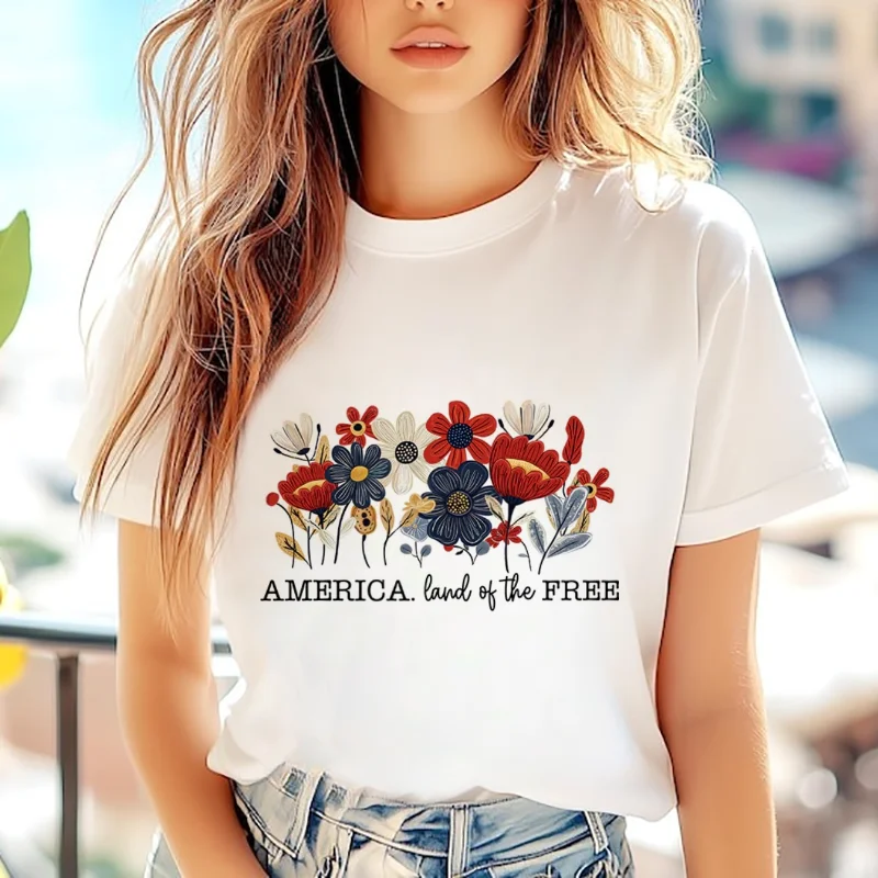 

Casual Style Printed Round Neck Flower Pattern Cartoon Women's Top Fashionable Short Sleeved Regular Women's Street T-Shirt