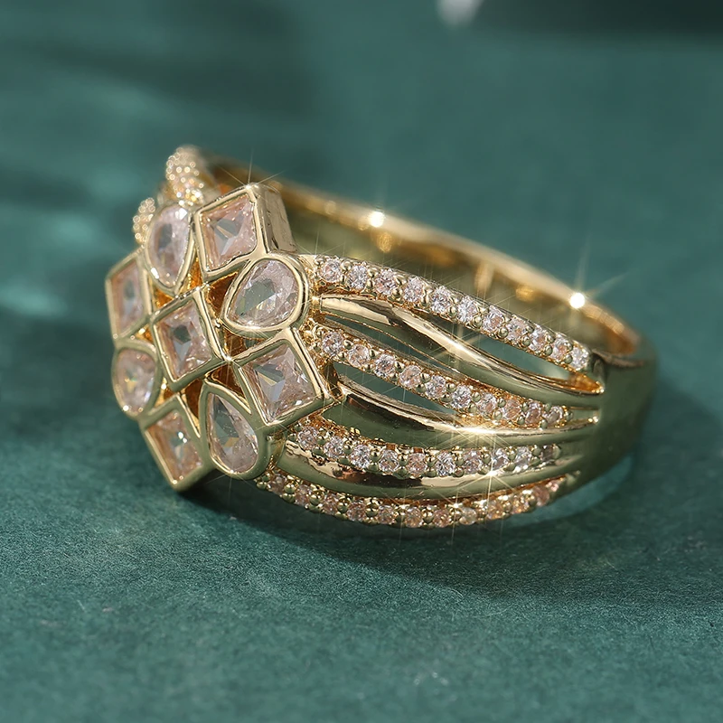 Eleganter Eingelegter Weißer CZ Damenring Vintage Goldfarben Geometrisch Tägliches Tragen Party-Schmuck Jubiläumsgeschenk – Detail 3