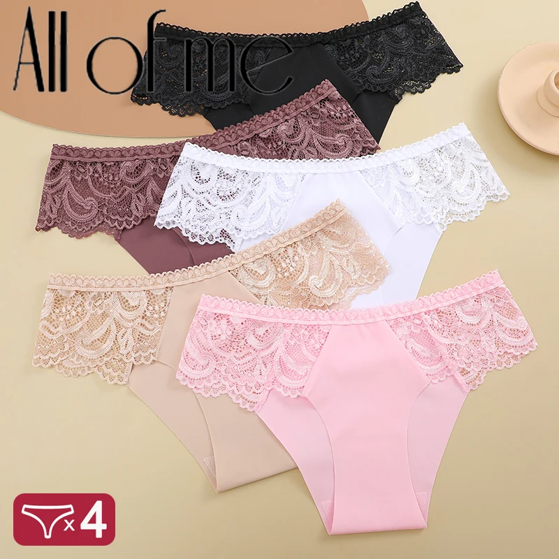 4Pcs/Set Seamless Stretch Panties Women Comfort Patchwork Lace Panties Female Low-Waist G-string Sexy Lace Floral Soft Lingerie