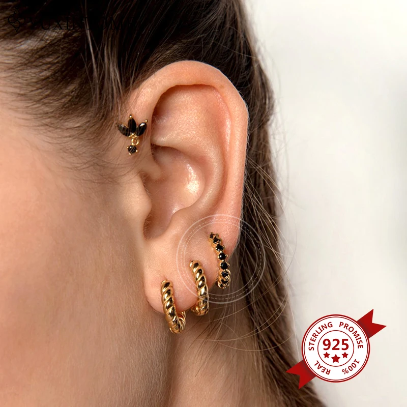 925 Sterling Silver Ear Needle Geometric Black Zircon Hoop Earrings For Women Ear Buckle Fashion High-end Jewelry Accessories