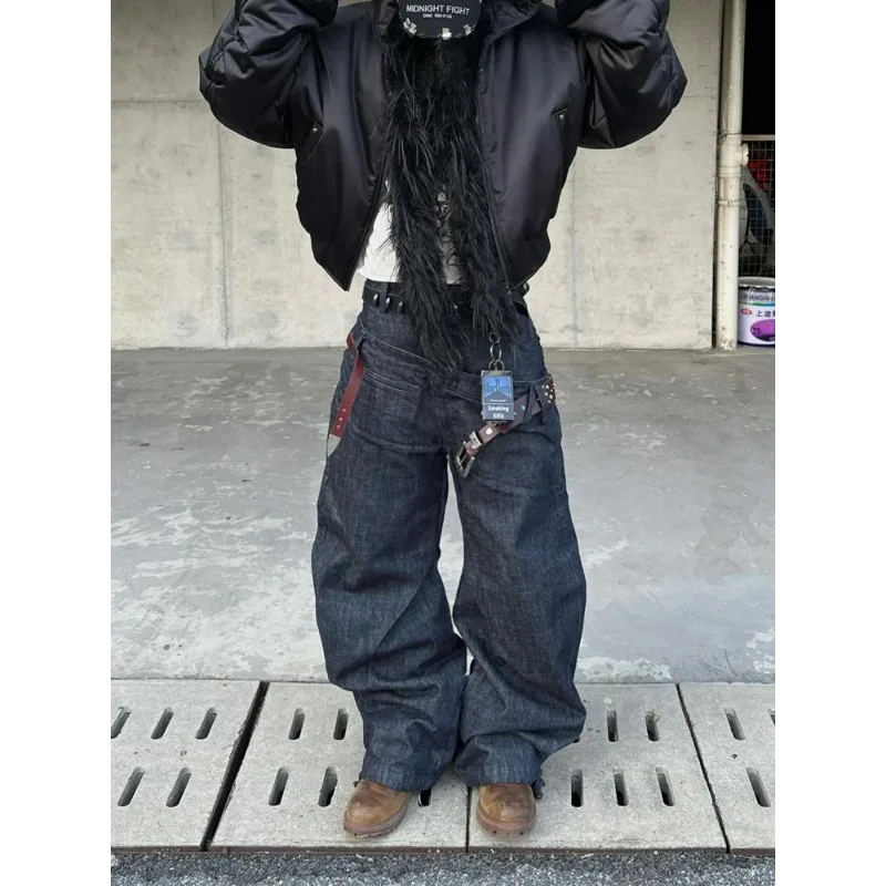 American Retro High Street Hiphop Wide Leg Jeans Women Chic Design Loose Floor-Length High Waist Individual Trendy Denim Pants