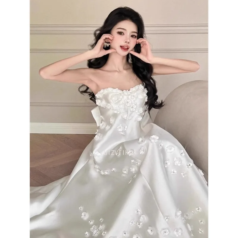 Witte Luxe Trouwjurken Vrouw Een Lijn 3D Bloemen Mouwloze Bruidsjurken Strapless Prinses Formele Party estidos De Noche