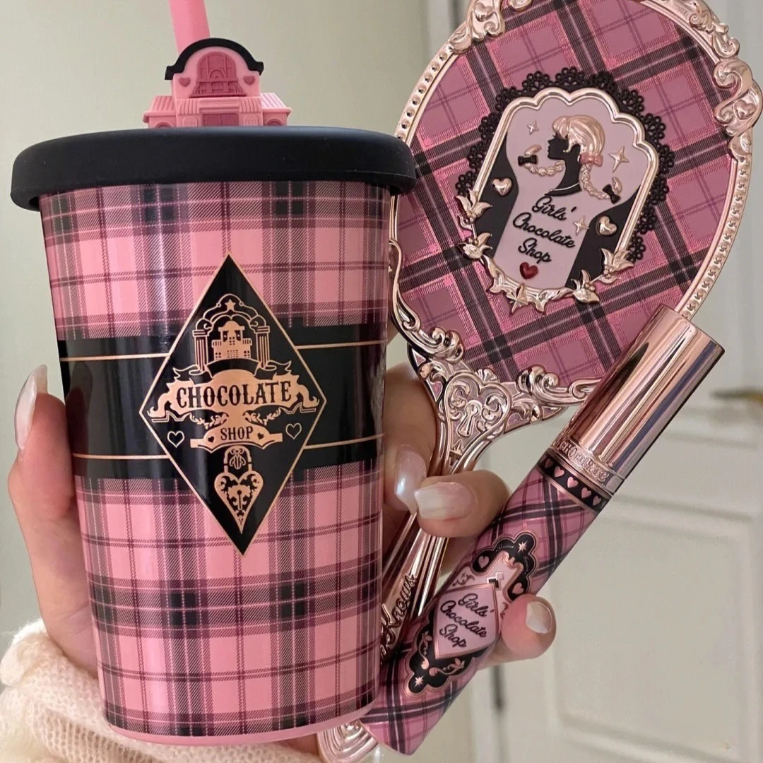 Flower Knows Chocolate Shop Series Pink and Black Plaid British-Style Insulated Water Bottle
