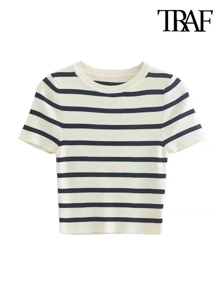 Women Fashion Striped Basic Cropped Knit Sweater Vintage O Neck Short Sleeve Female Pullovers Chic Tops