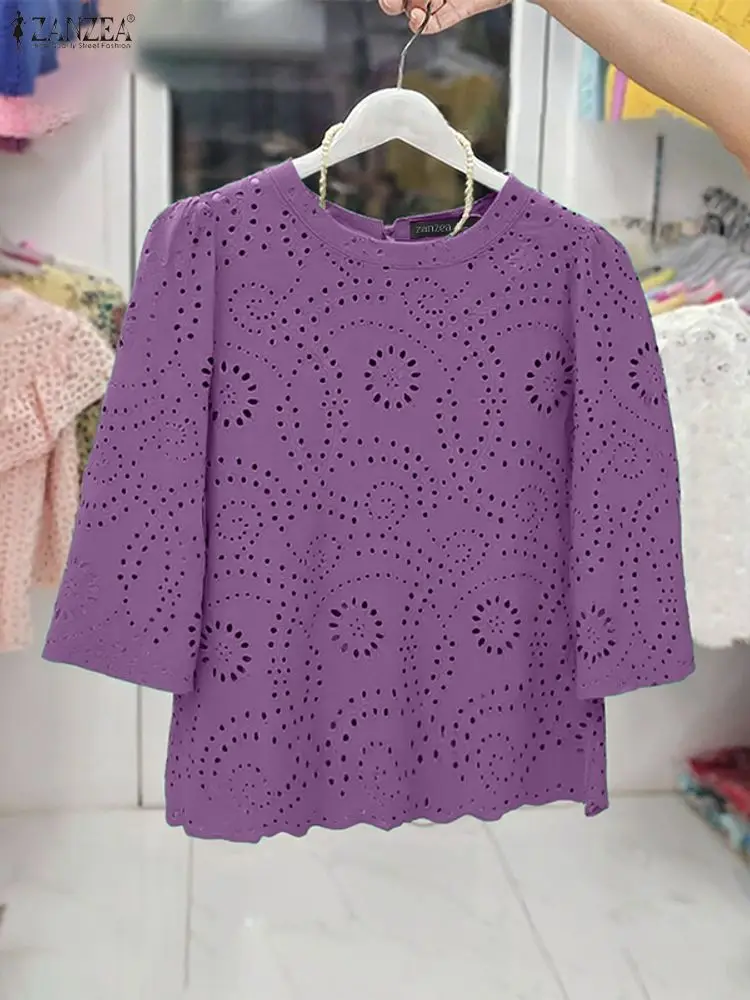 

ZANZEA 2022, модные женские блузки, кружевные рубашки, хлопковые блузки с пышными рукавами 3/4, женские блузки с круглым вырезом, повседневный женский корейский топ с вырезами